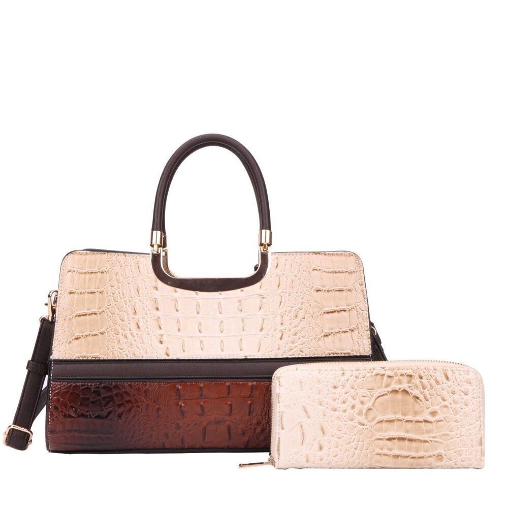 Women's 2pcs Beige Crocodile Pattern Handbag and Wallet Set